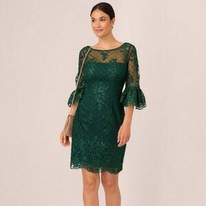 Adrianna Papell Embroidered Bell Sleeve Dress, Deep Forest - 6 NWT